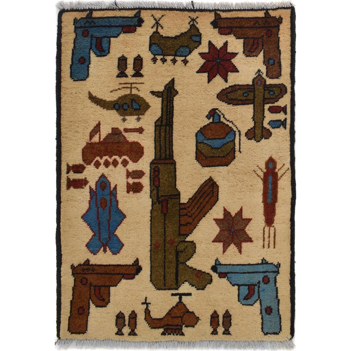 Beige Afghan War Rug 2' 0" x 2' 10" Hand-Knotted | No. AL37763