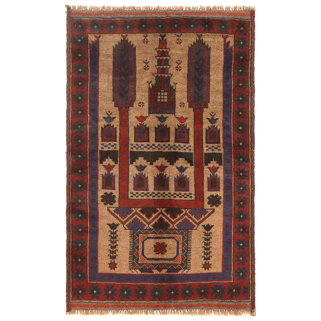 Beige Afghan Prayer Rug 2' 10" x 4' 5" Hand-Knotted | No. AL37935