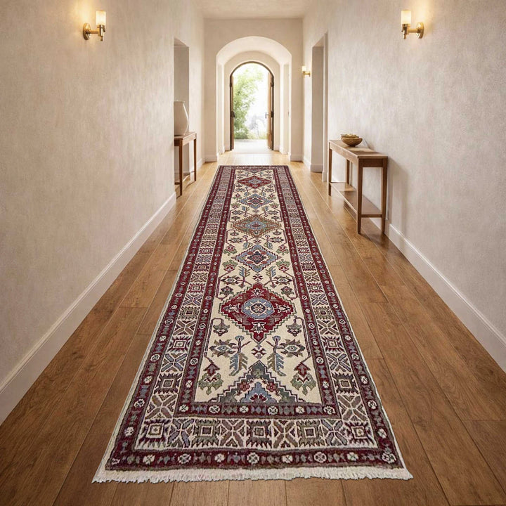Beige Afghan Kazak Rug 2' 5" x 9' 9" Hand-Knotted | No. AL38073