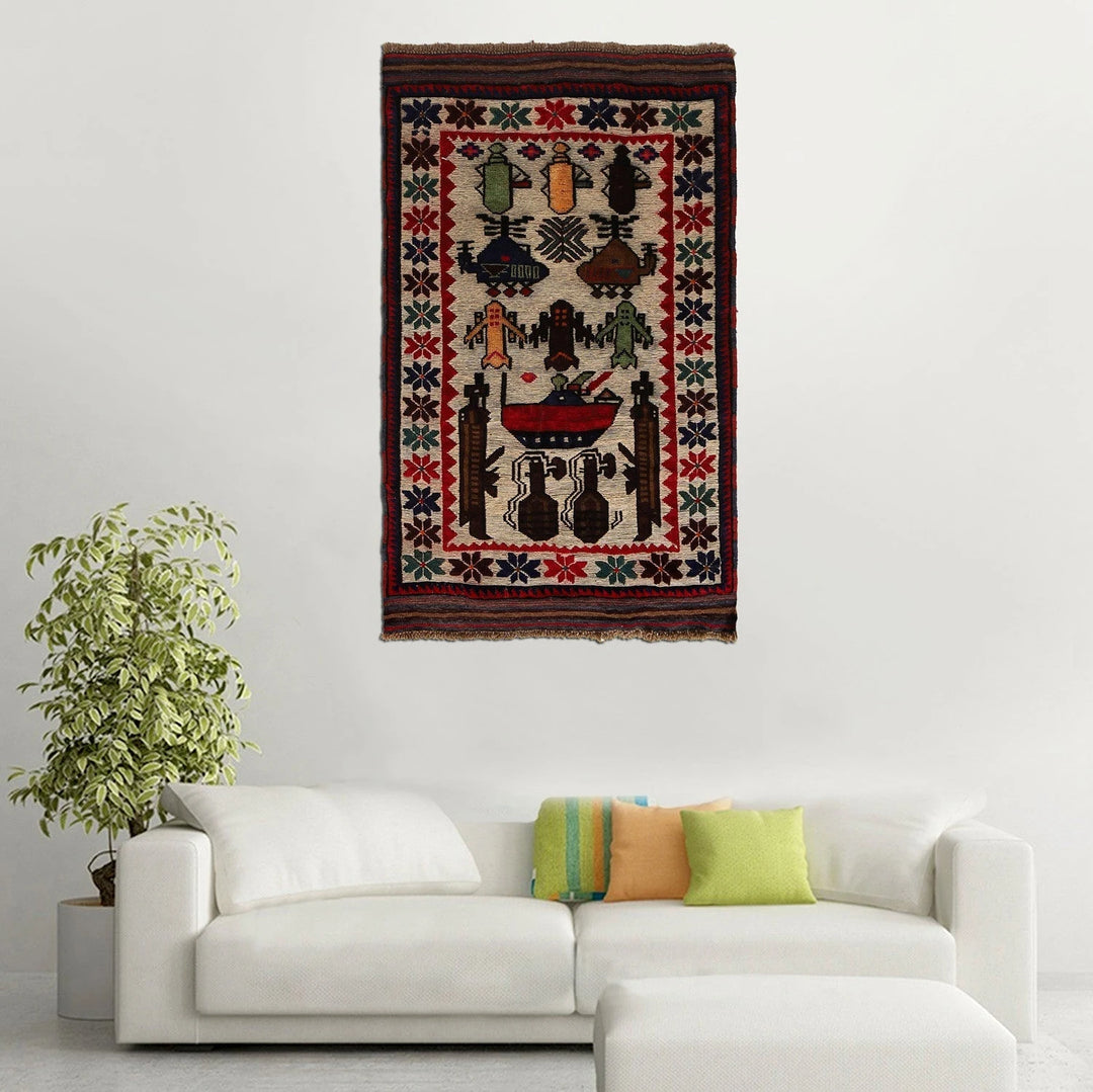 Ivory Afghan War Kilim Rug 2' 8" x 4' 6" Flat-Weave | No. AL38145