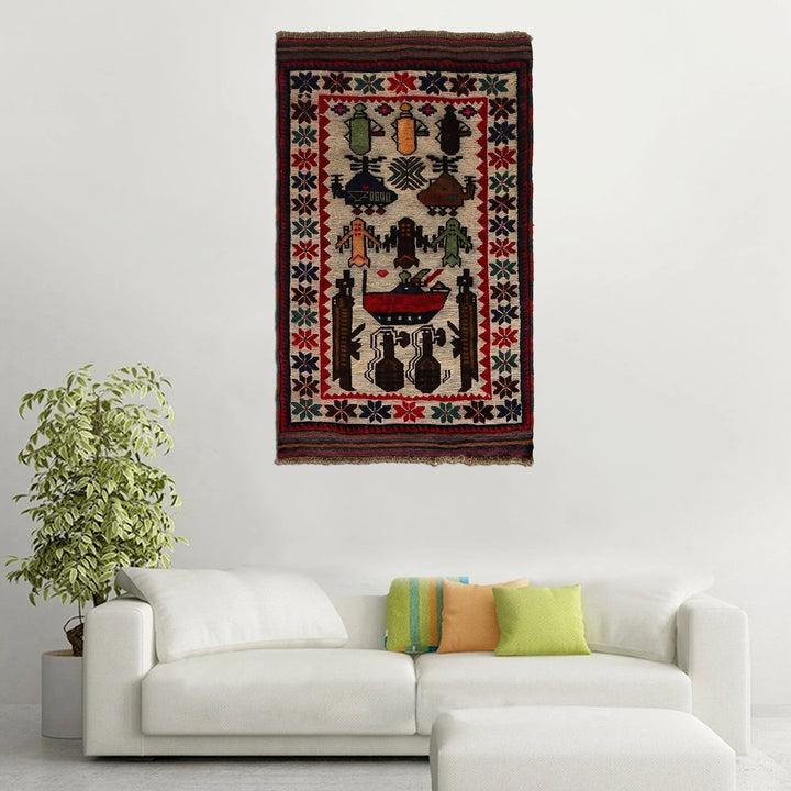Ivory Afghan War Kilim Rug 2' 8" x 4' 6" Flat-Weave | No. AL38145