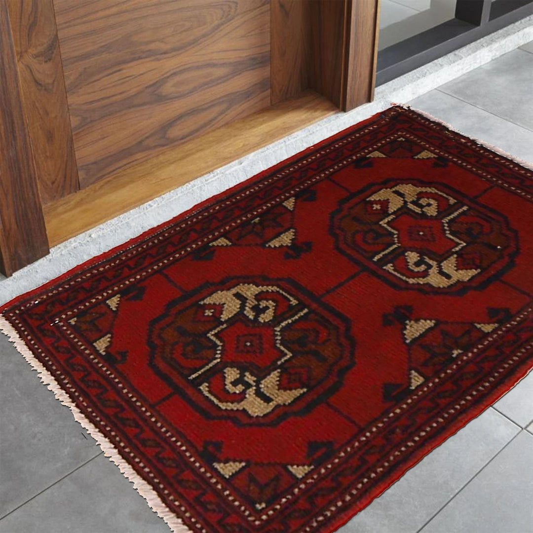 Red Afghan Oriental Doormat 1' 5" x 2' 1" Hand-Knotted | No. AL38208