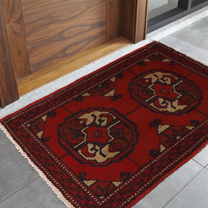 Red Afghan Oriental Doormat 1' 5" x 2' 1" Hand-Knotted | No. AL38208