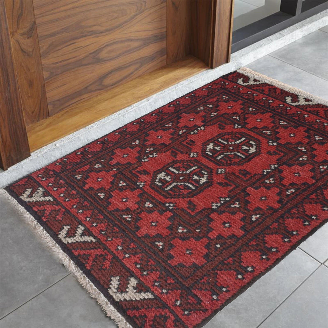 Red Afghan Oriental Rug 1' 7" x 2' 2" Hand-Knotted | No. AL38422