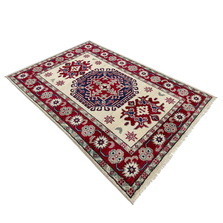 Beige Afghan Kazak Rug 2' 8" x 4' 2" Hand-Knotted | No. AL38436