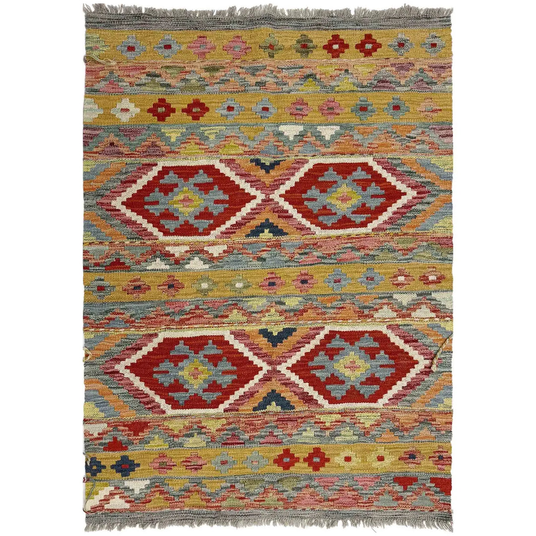 Multicolor Afghan Vegetable Kilim Rug 3' 4" x 4' 9" Flat-Weave | No. AL386968