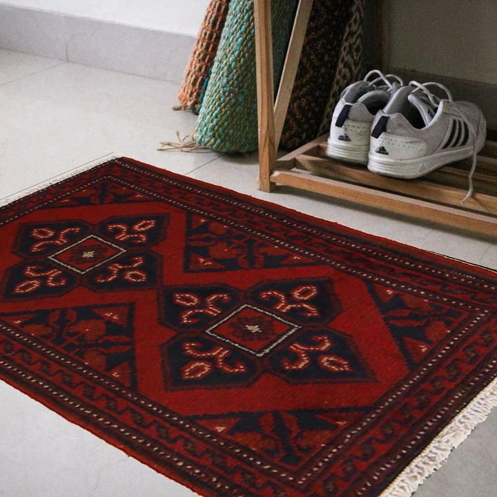 Red Afghan Oriental Doormat 1' 3" x 2' 2" Hand-Knotted | No. AL38751