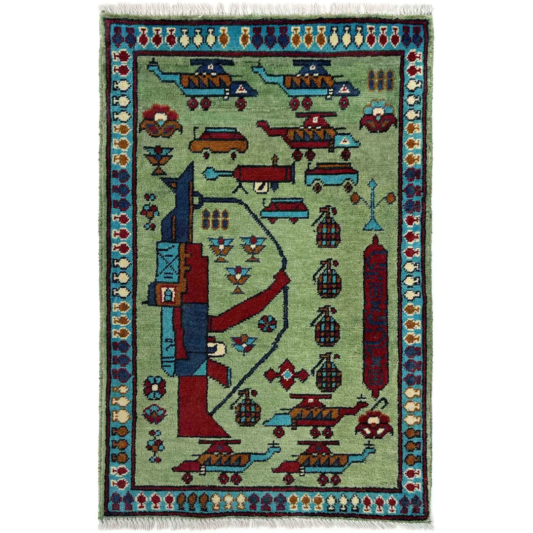Green Afghan War Rug 2' 0" x 2' 11" Hand-Knotted | No. AL38977