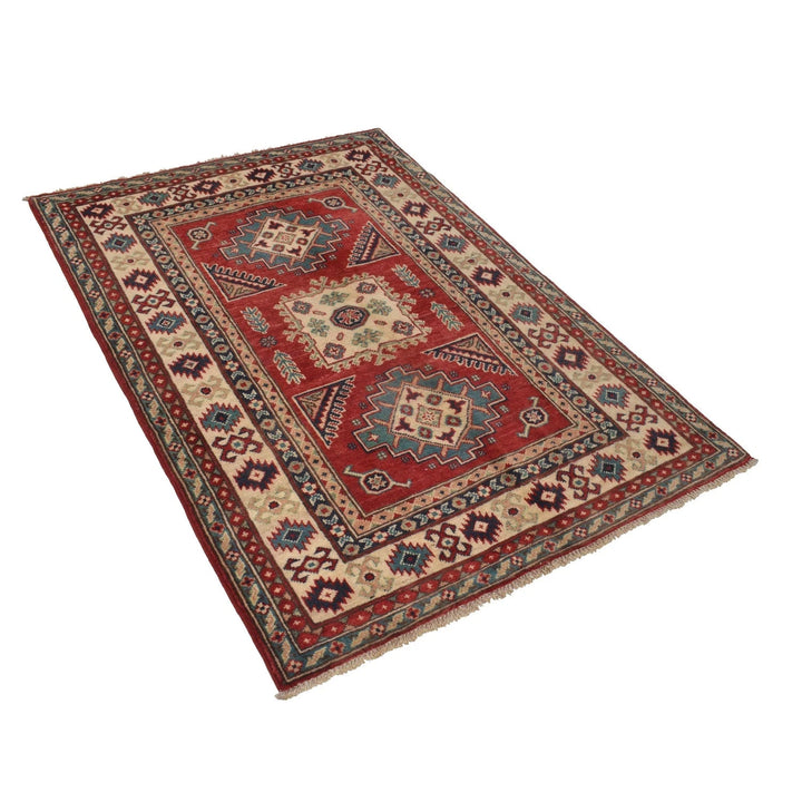 Red Afghan Kazak Rug 3' 5" x 5' 0" Hand-Knotted | No. AL39195