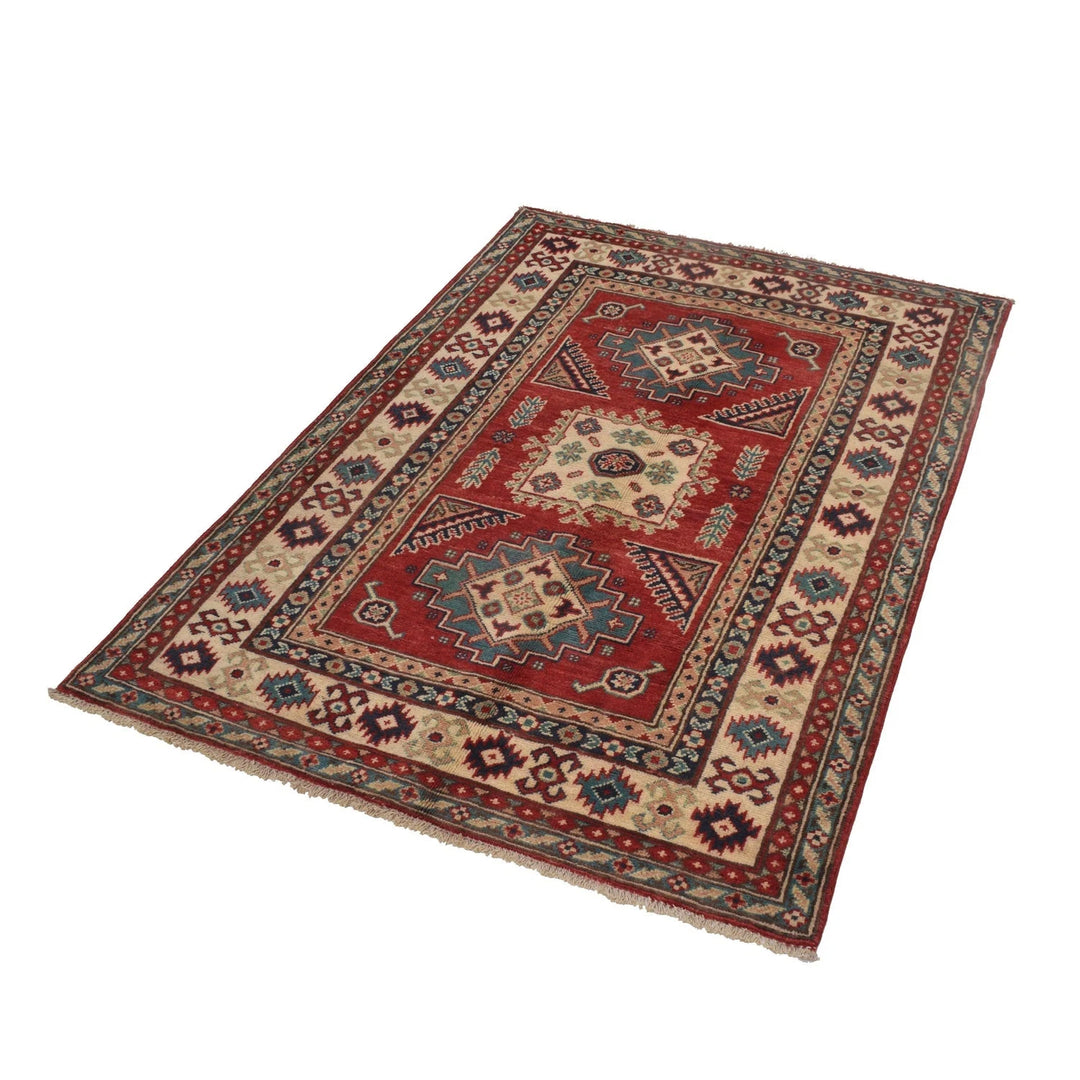 Red Afghan Kazak Rug 3' 5" x 5' 0" Hand-Knotted | No. AL39195