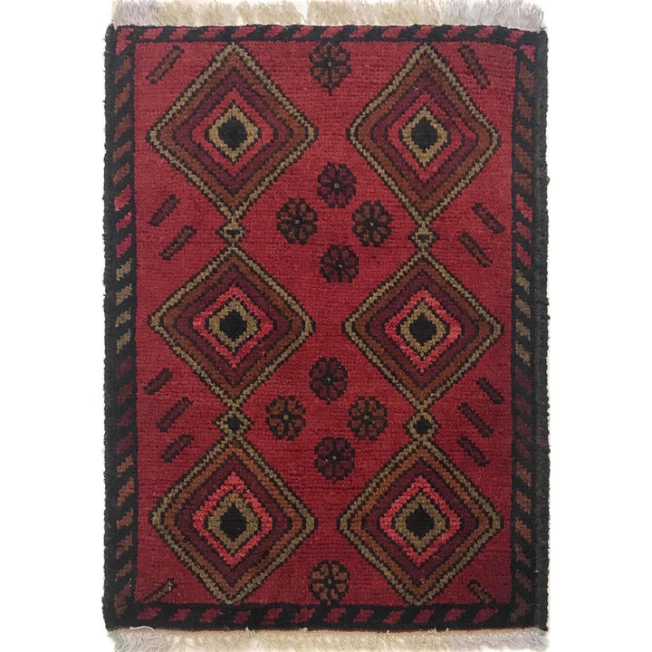 Red Afghan Oriental Doormat 1' 5" x 2' 0" Hand-Knotted | No. AL39443