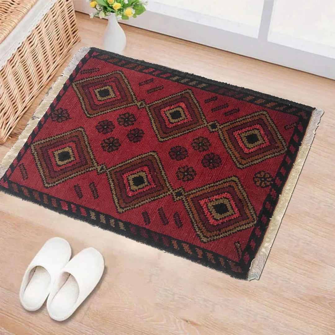 Red Afghan Oriental Doormat 1' 5" x 2' 0" Hand-Knotted | No. AL39443