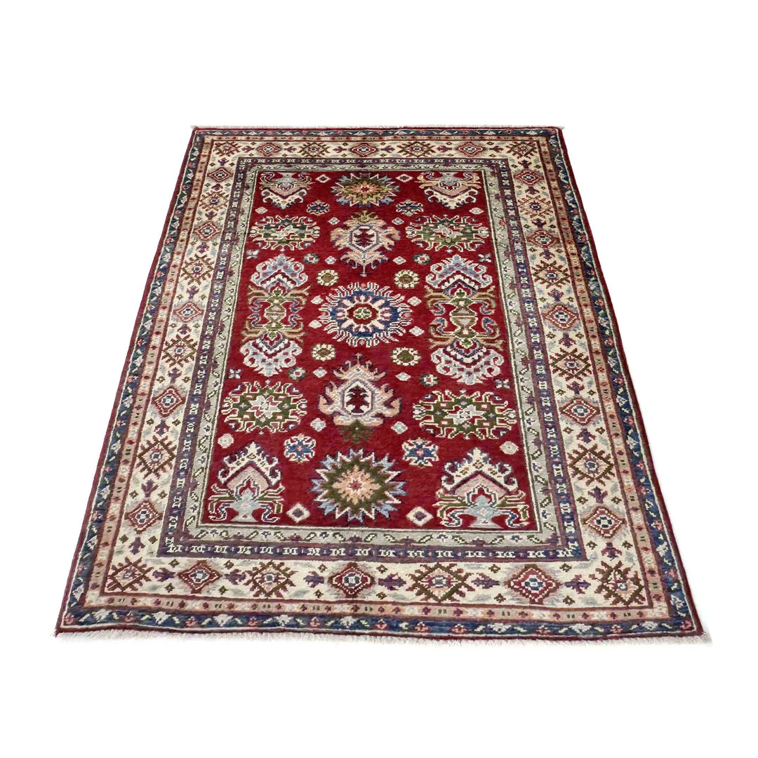 Red Afghan Kazak Rug 3' 6" x 5' 0" Hand-Knotted | No. AL39451