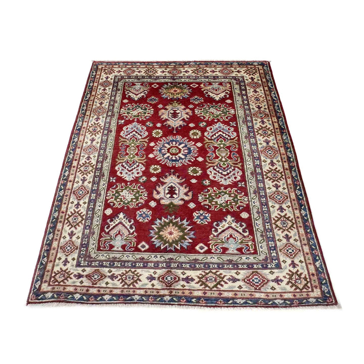 Red Afghan Kazak Rug 3' 6" x 5' 0" Hand-Knotted | No. AL39451