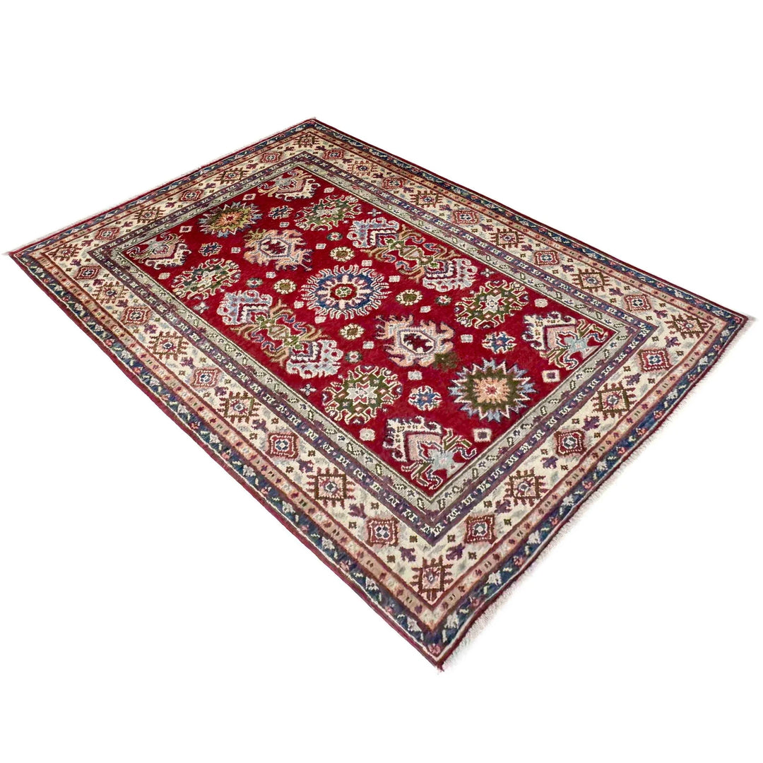 Red Afghan Kazak Rug 3' 6" x 5' 0" Hand-Knotted | No. AL39451