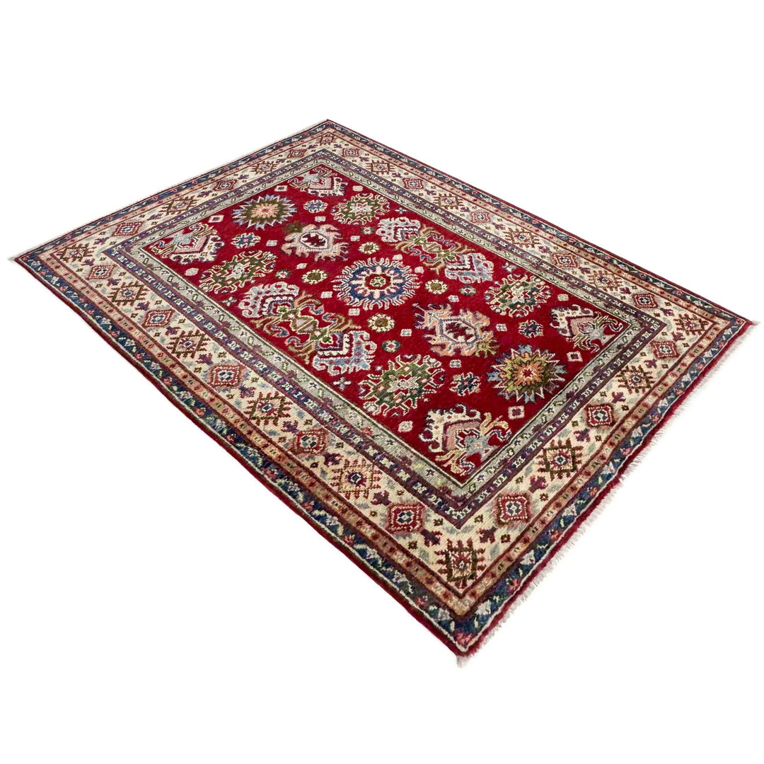 Red Afghan Kazak Rug 3' 6" x 5' 0" Hand-Knotted | No. AL39451