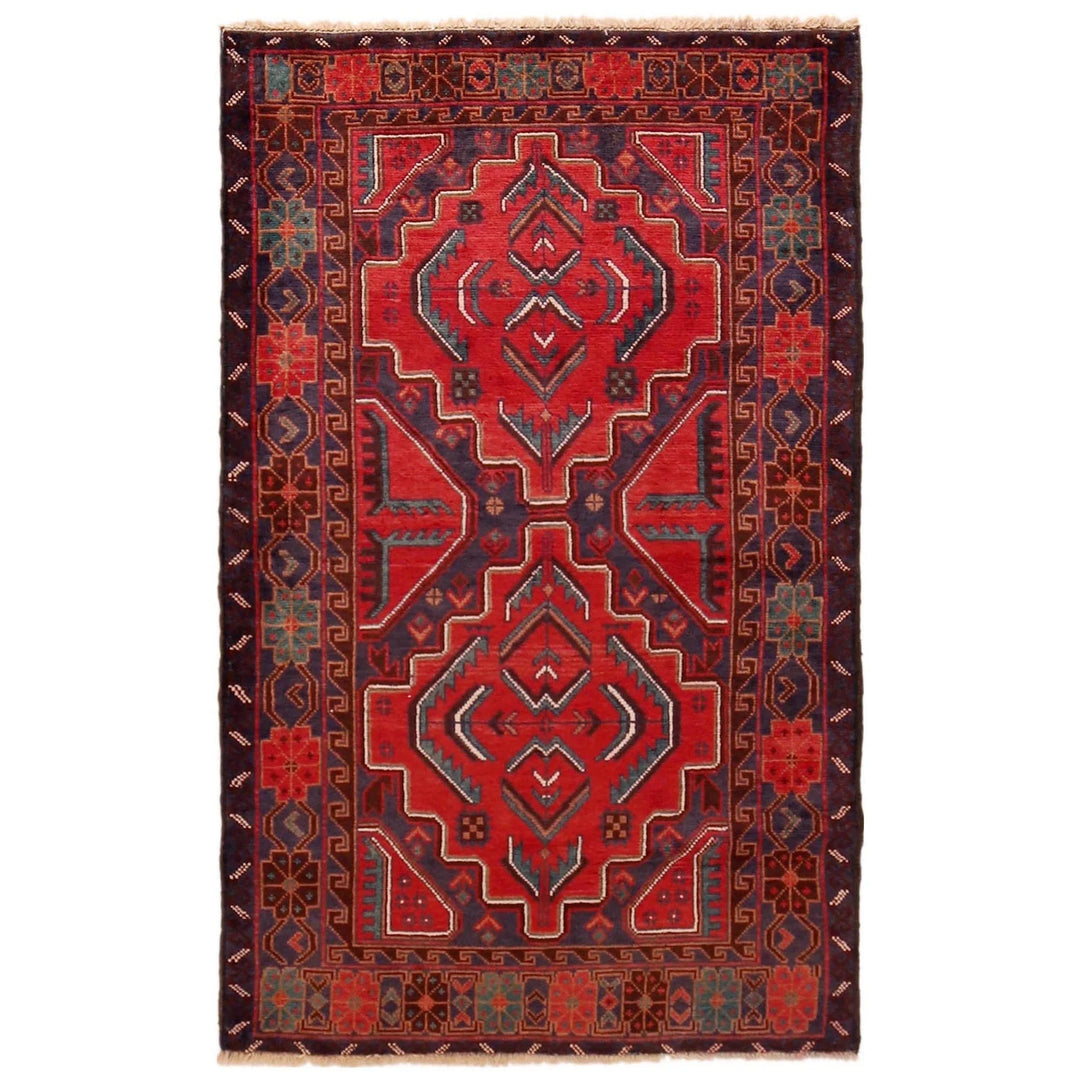 Red Afghan Baluchi Rug 3' 0" x 4' 10" Hand-Knotted | No. AL39541