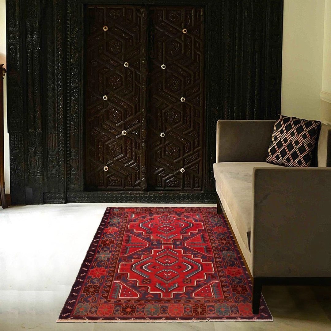 Red Afghan Baluchi Rug 3' 0" x 4' 10" Hand-Knotted | No. AL39541