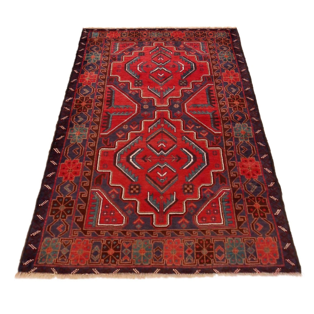 Red Afghan Baluchi Rug 3' 0" x 4' 10" Hand-Knotted | No. AL39541