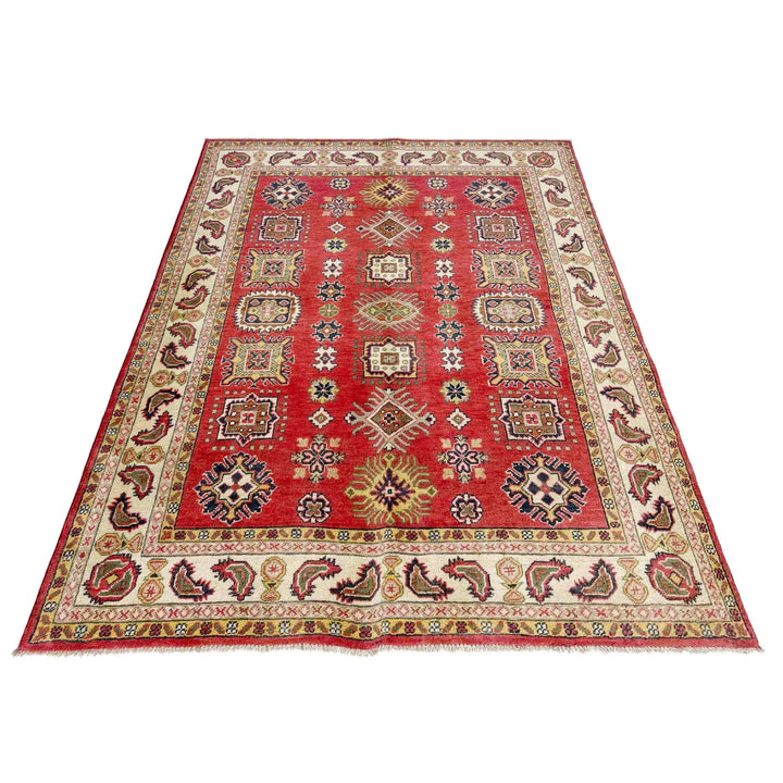 Red Afghan Kazak Rug 4' 11" x 6' 4" Hand-Knotted | No. AL39715