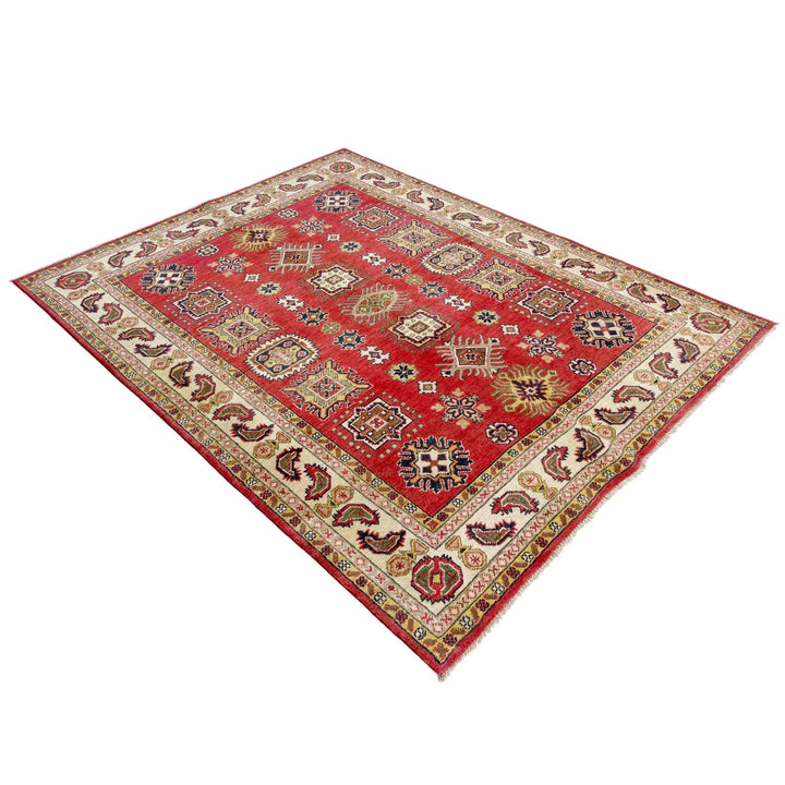 Red Afghan Kazak Rug 4' 11" x 6' 4" Hand-Knotted | No. AL39715