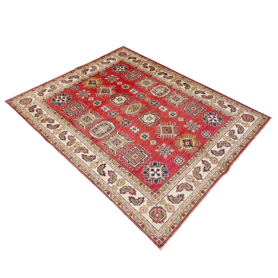 Red Afghan Kazak Rug 4' 11" x 6' 4" Hand-Knotted | No. AL39715