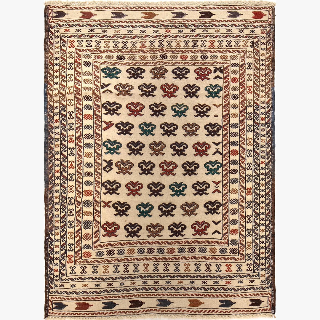 White Afghan Soumak Rug 4' 5" x 5' 11" Flat-Weave | No. AL39917