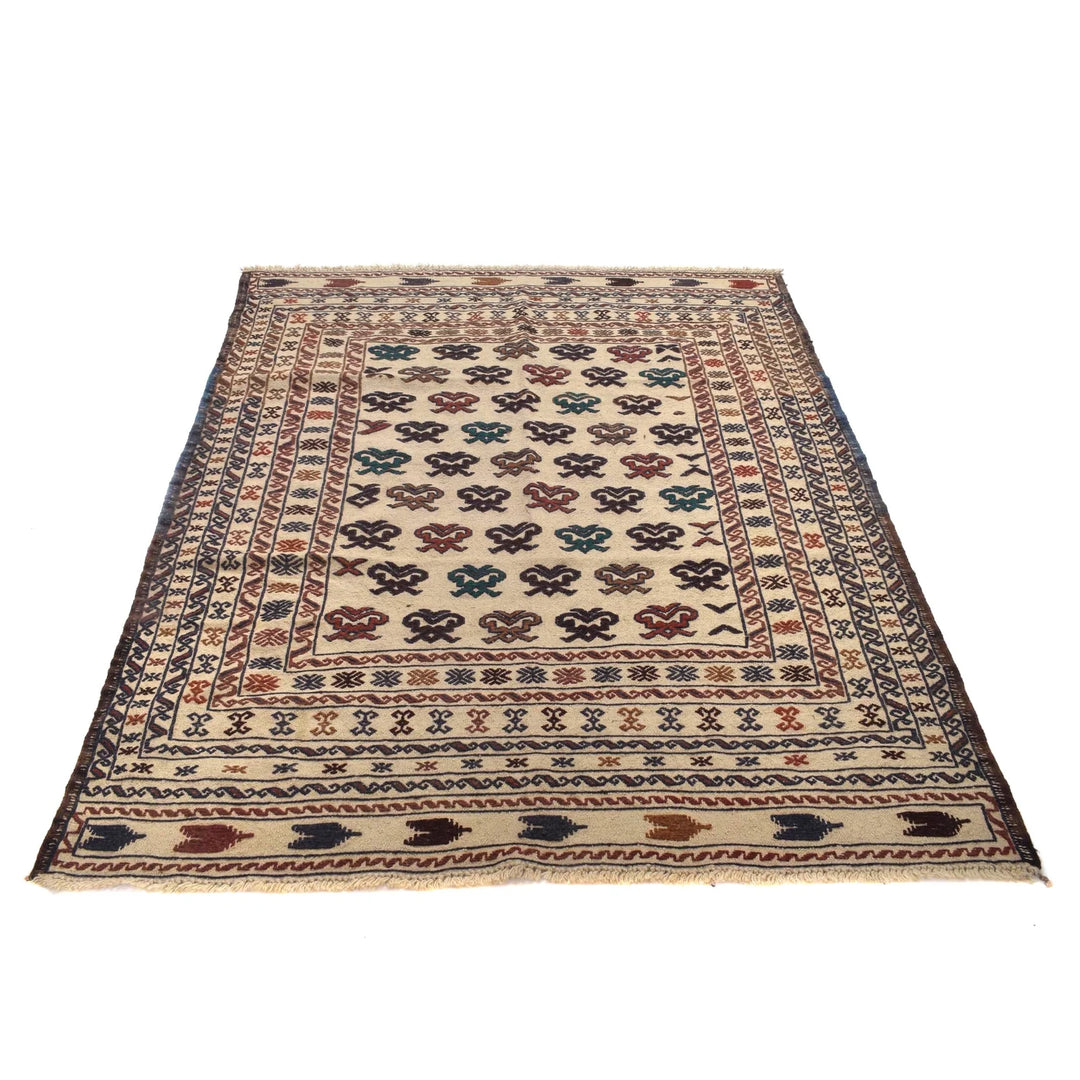 White Afghan Soumak Rug 4' 5" x 5' 11" Flat-Weave | No. AL39917