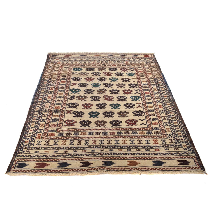 White Afghan Soumak Rug 4' 5" x 5' 11" Flat-Weave | No. AL39917