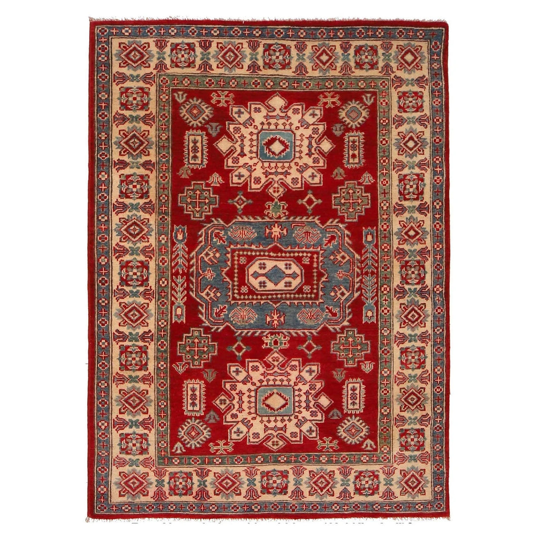 Red Afghan Kazak Rug 3' 10" x 5' 4" Hand-Knotted | No. AL40007