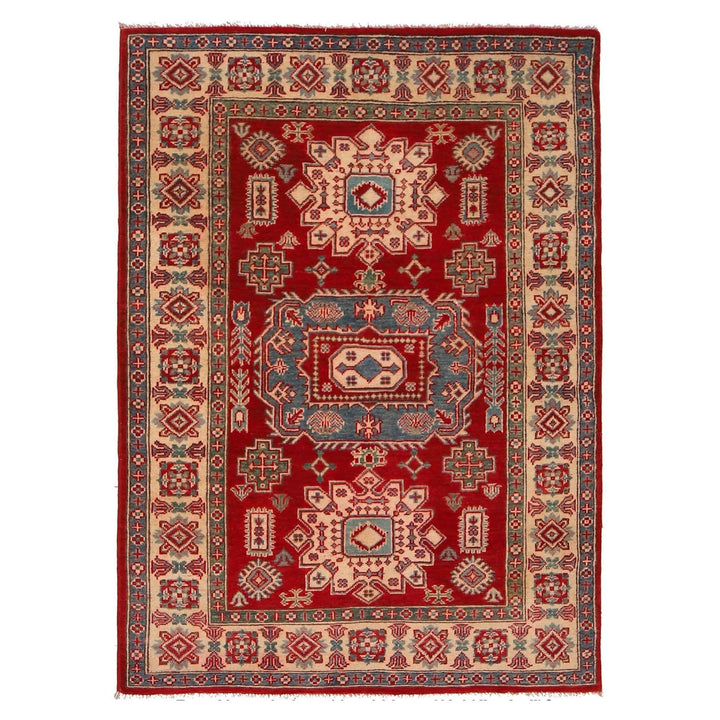 Red Afghan Kazak Rug 3' 10" x 5' 4" Hand-Knotted | No. AL40007