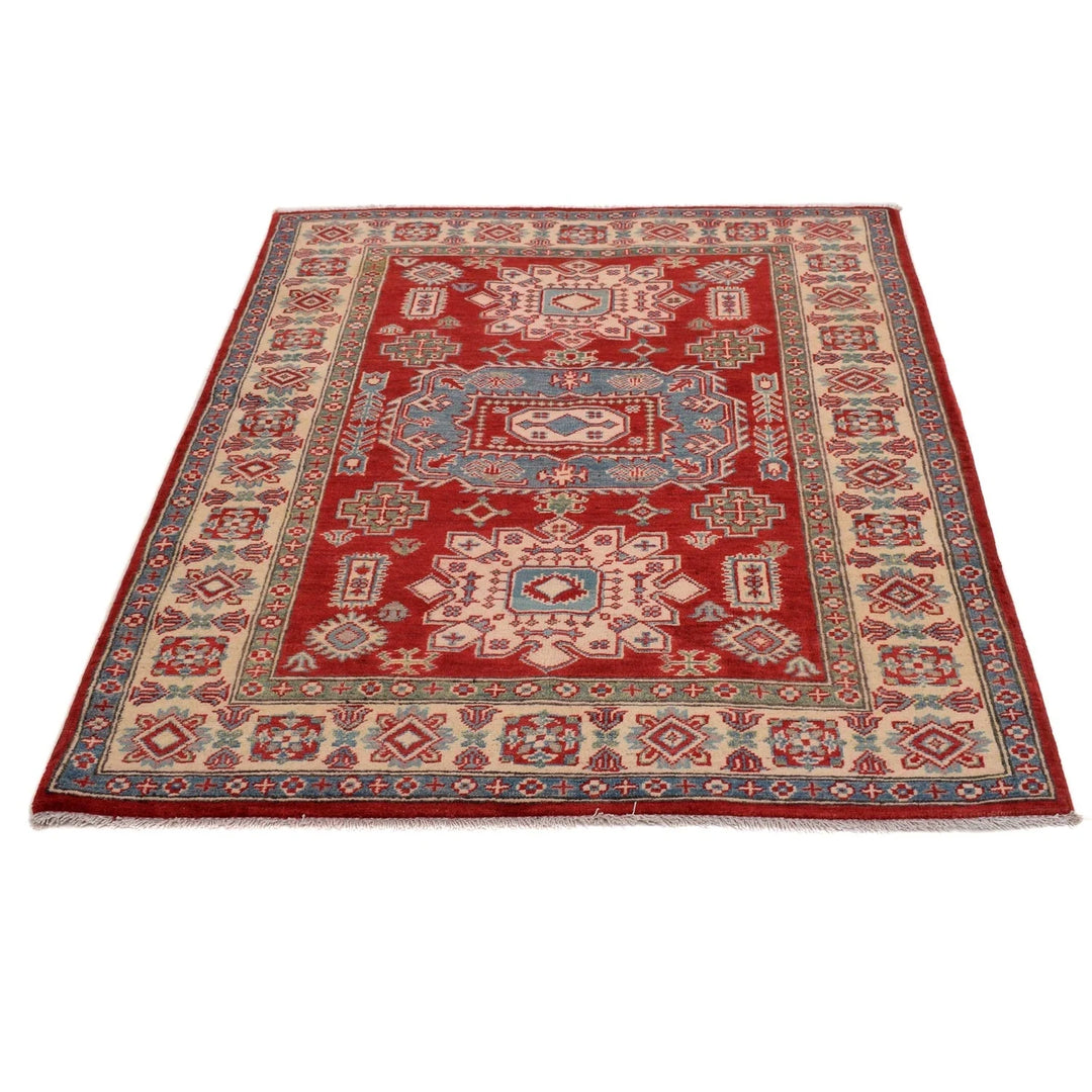 Red Afghan Kazak Rug 3' 10" x 5' 4" Hand-Knotted | No. AL40007