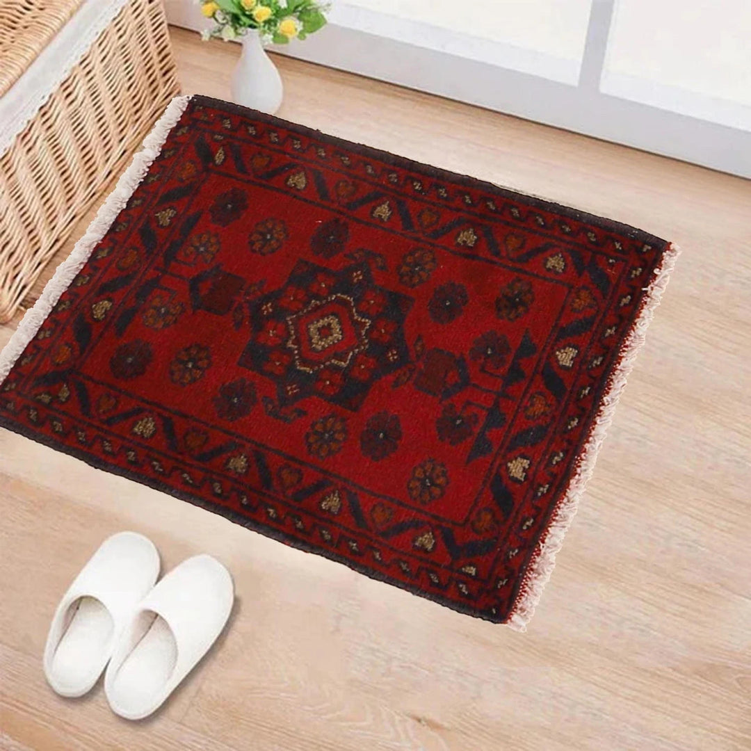 Red Afghan Oriental Doormat 1' 5" x 1' 10" Hand-Knotted | No. AL40014