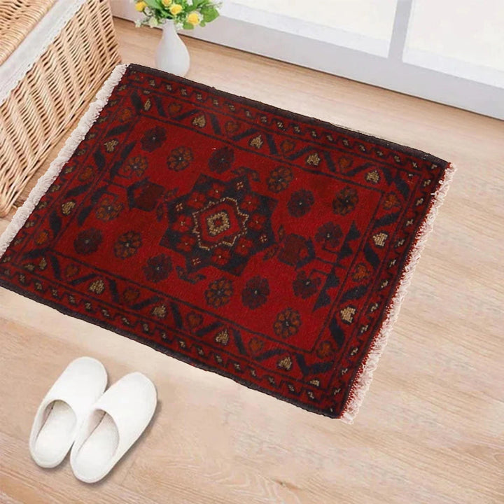Red Afghan Oriental Doormat 1' 5" x 1' 10" Hand-Knotted | No. AL40014