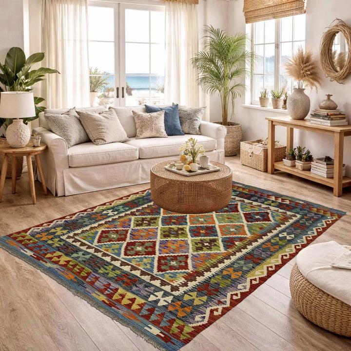 Afghan Vegetable Kilim Rug 5' 1" x 6' 0" Flat-Weave | No. AL402601