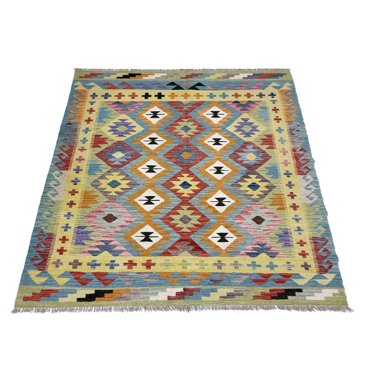 Afghan Vegetable Kilim Rug 5' 2" x 6' 9" Flat-Weave | No. AL403019