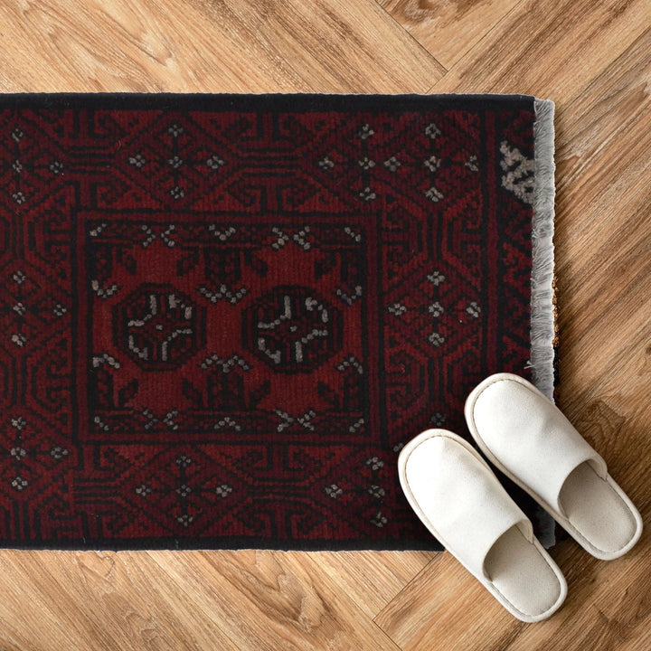 Red Afghan Oriental Doormat 1' 8" x 2' 3" Hand-Knotted | No. AL40431