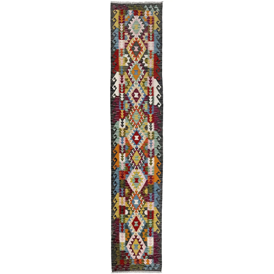 Afghan Vegetable Kilim Rug 1' 9" x 9' 7" Flat-Weave | No. AL40437