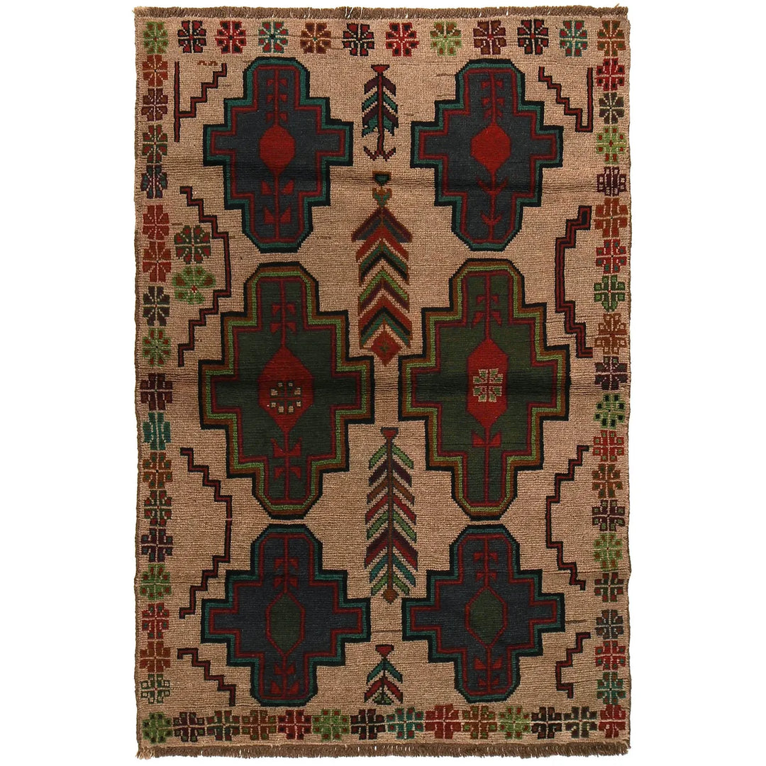Tan Afghan Baluchi Rug 4' 0" x 6' 2" Hand-Knotted | No. AL40476