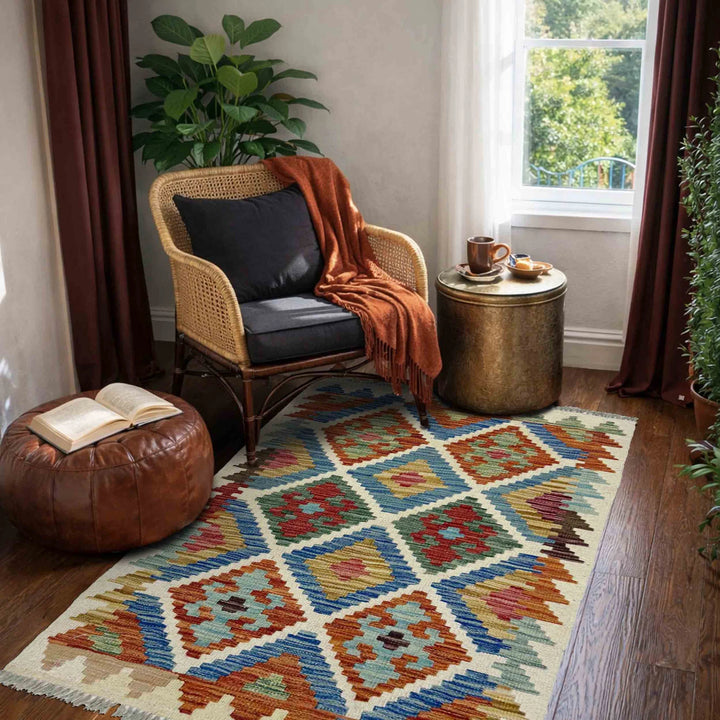 Multicolor Afghan Vegetable Kilim Rug 2' 7" x 4' 1" Flat-Weave | No. AL40561