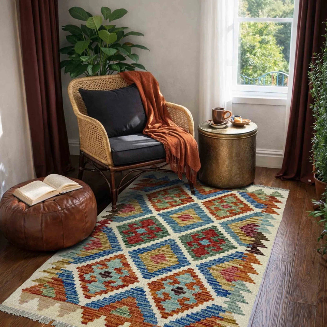 Multicolor Afghan Kilim Rug 2'7" x 4'1" Flat-Weave | No. AL40561
