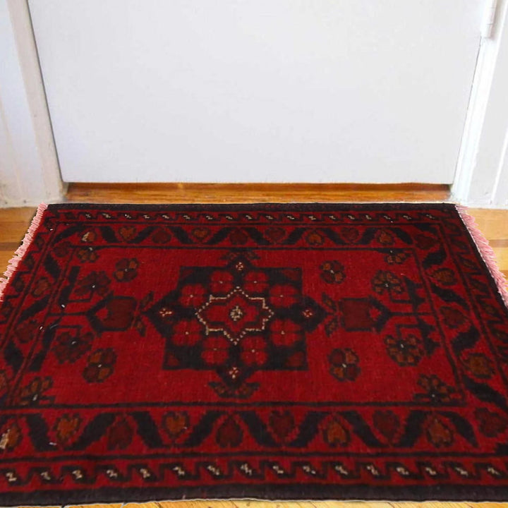 Red Afghan Oriental Doormat 1'6" x 2'0" Hand-Knotted | No. AL40773