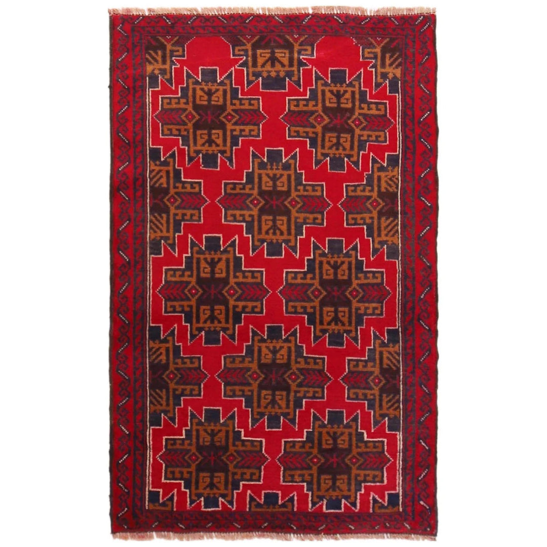 Red Afghan Baluchi Rug 2' 7" x 4' 4" Hand-Knotted | No. AL41114