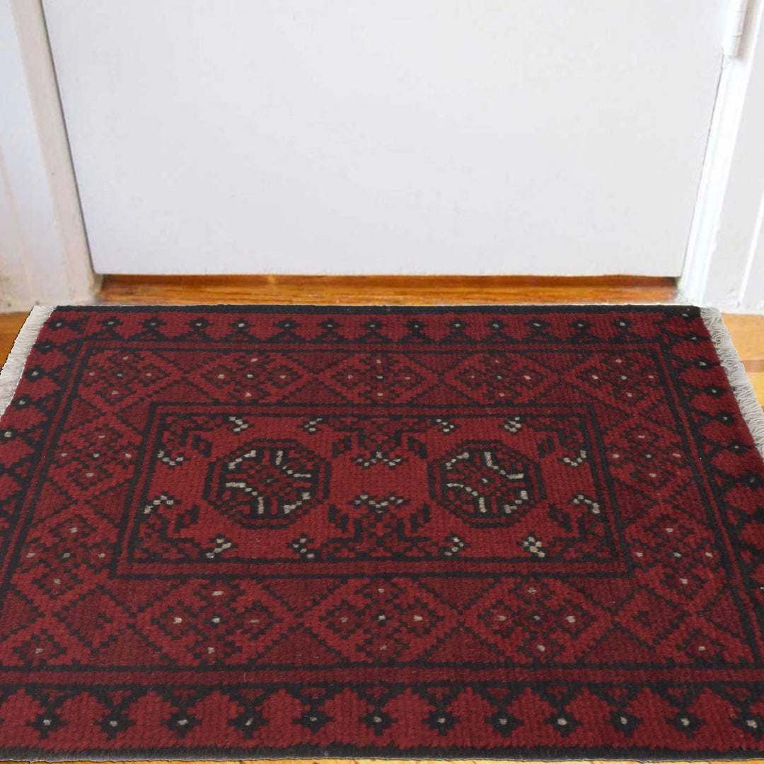 Red Afghan Oriental Doormat 1' 6" x 2' 2" Hand-Knotted | No. AL41140