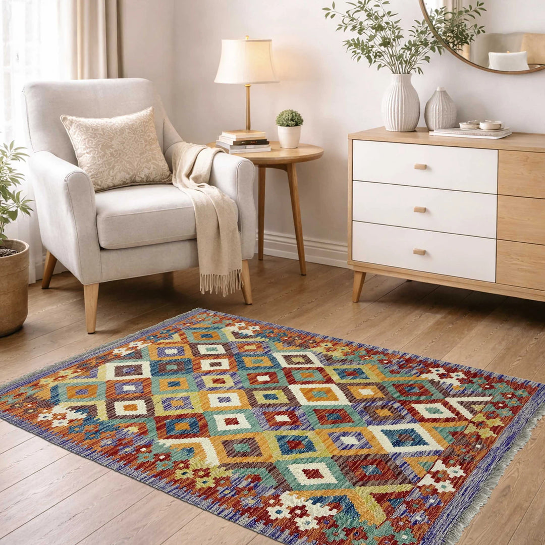 Afghan Vegetable Kilim Rug 3' 3" x 4' 8" Flat-Weave | No. AL412548