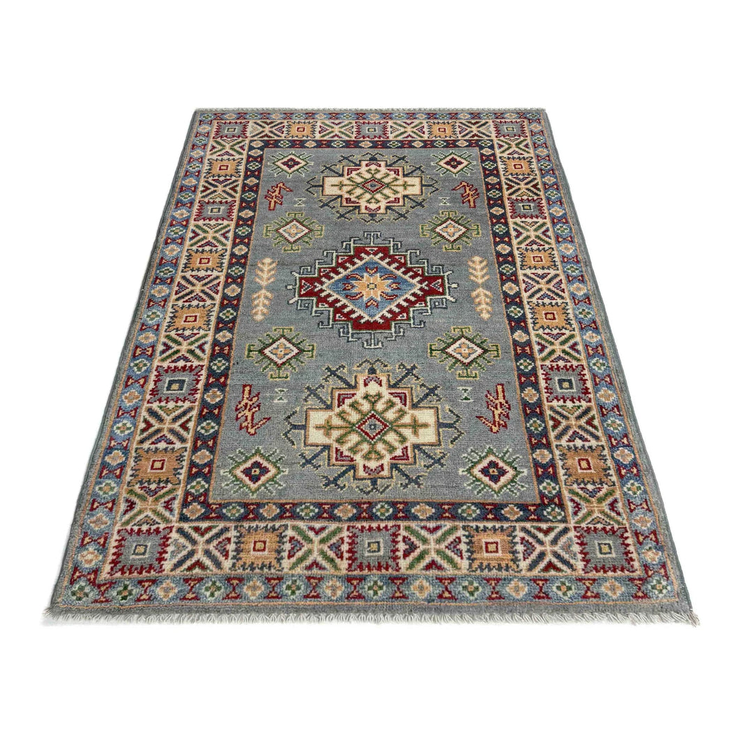 Gray Afghan Kazak Rug 2' 7" x 3' 11" Hand-Knotted | No. AL41308