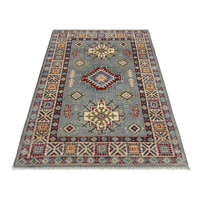 Gray Afghan Kazak Rug 2' 7" x 3' 11" Hand-Knotted | No. AL41308