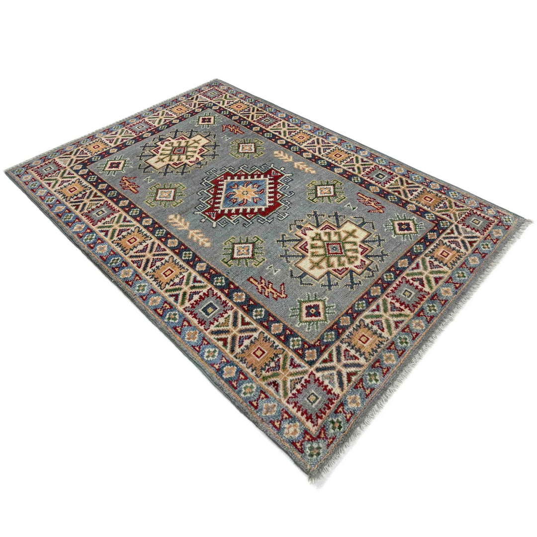 Gray Afghan Kazak Rug 2' 7" x 3' 11" Hand-Knotted | No. AL41308