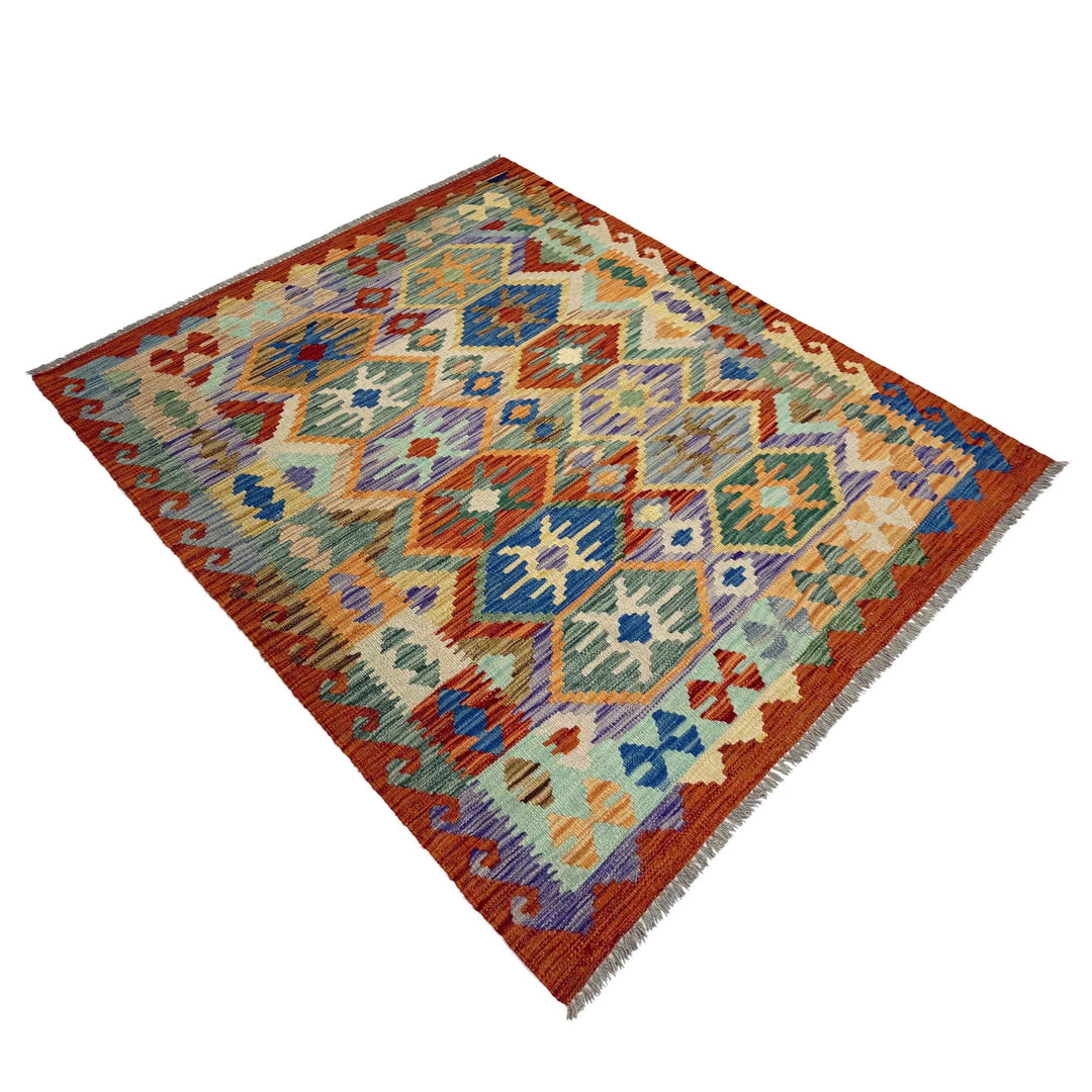 Afghan Vegetable Kilim Rug 4' 1" x 5' 6" Flat-Weave | No. AL414113