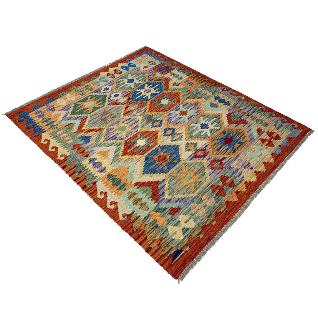 Afghan Vegetable Kilim Rug 4' 1" x 5' 6" Flat-Weave | No. AL414113